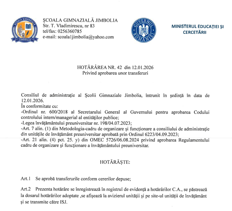 Hotărâri consiliu de administrație an școlar 2025-2026