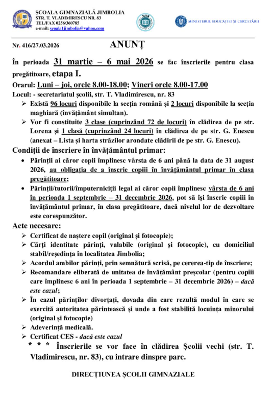 Metodologia și Calendarul înscrierii în clasa pregătitoare – 2026